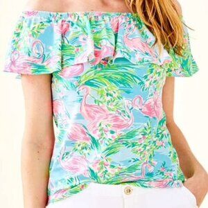 Lilly Pulitzer La Fortuna Blouse Flamingo Print Size Large Off Shoulder